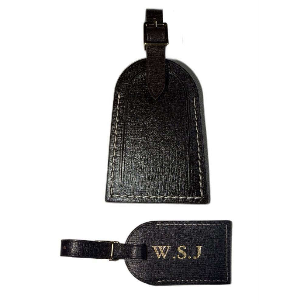 Louis Vuitton Dark Brown Grained Leather Luggage Tag w/ W S J Initials Goldtone